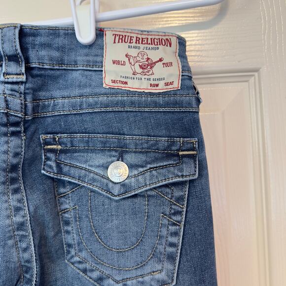 NWT True Religion Joey Flare Jeans Size 26 Medium Wash Flap Pockets Twist Hem - Picture 7 of 12